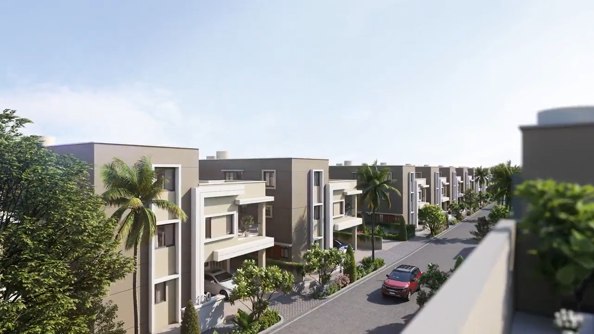 Luxury lake-view apartments with tall modern buildings reflected in a lake with green trees and blue sky