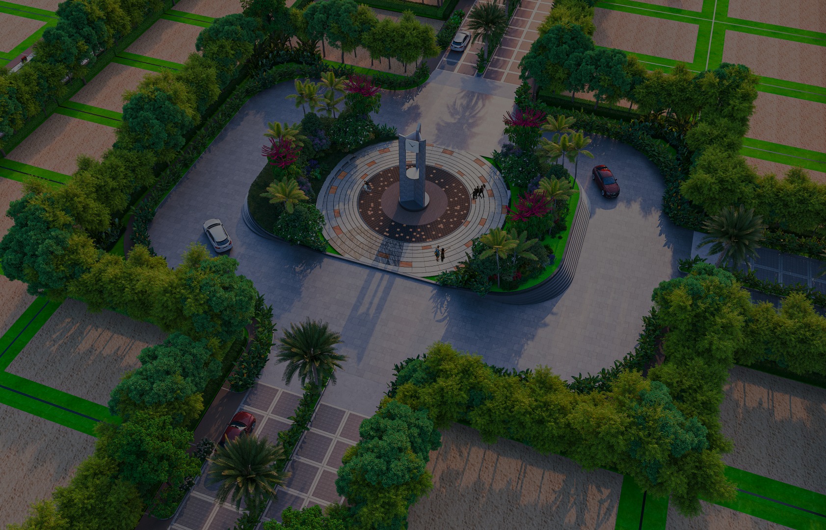 Luxury lake-view apartments with tall modern buildings reflected in a lake with green trees and blue sky