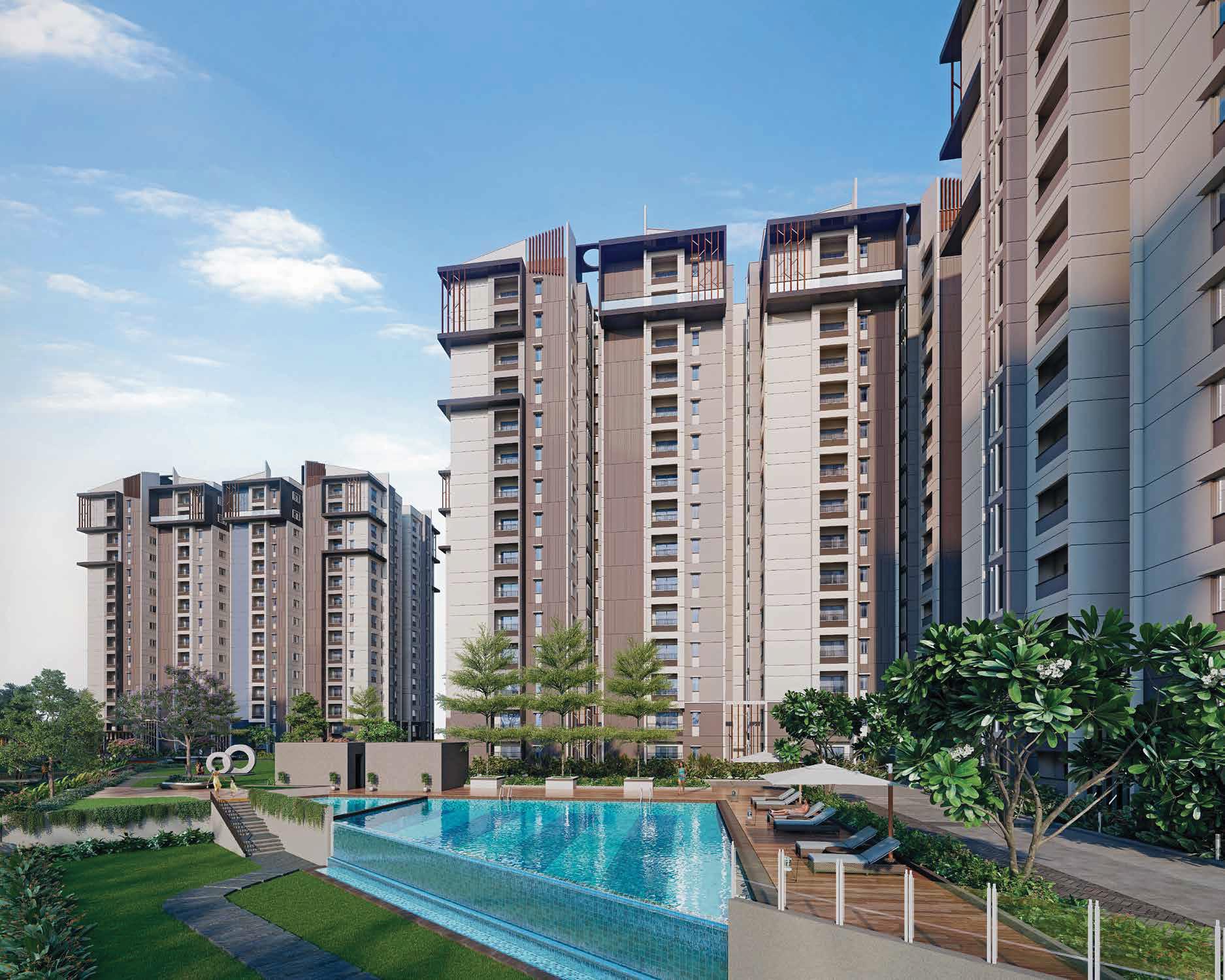 Modern house exterior with large glass windows, pool, and deck chairs in evening light