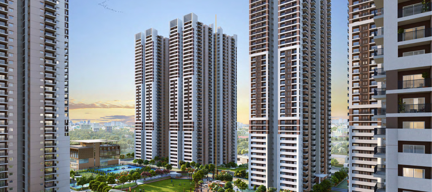Luxury lake-view apartments with tall modern buildings reflected in a lake with green trees and blue sky